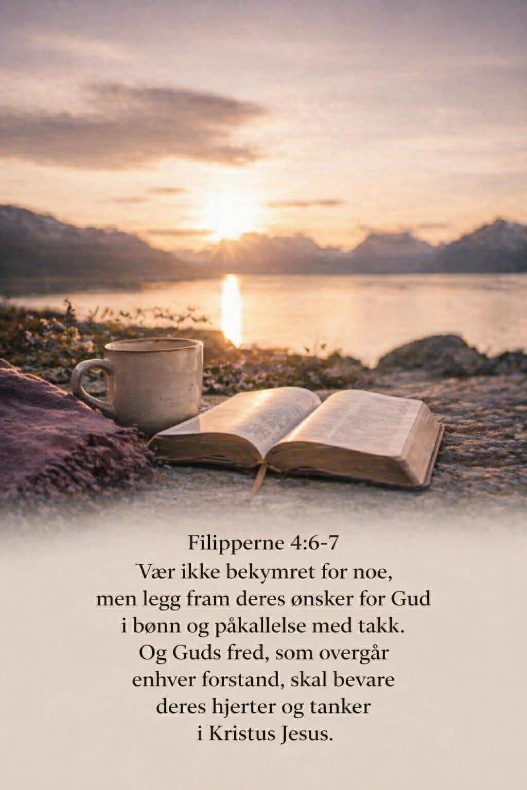 Åpen bibel ved siden av en kopp kaffe i varm solnedgang ved fjellvann – med Filipperne 4:6-7.